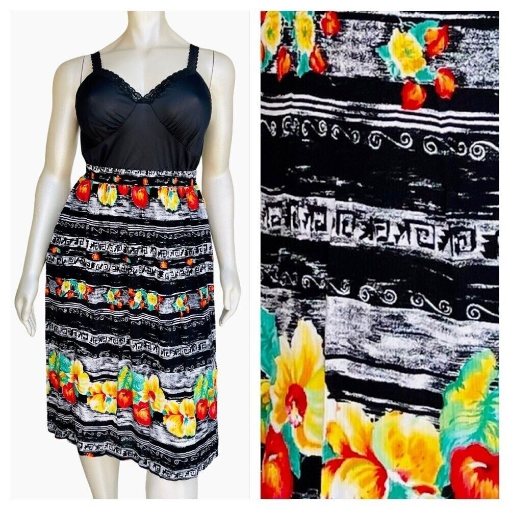 SHARON ANTHONY Women’s Size 16W Black Floral Crinkle Boho Gypsy Midi Skirt USA